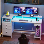 Bureau d'ordinateur blanc de 152 cm avec station de charge, bureau de jeu avec lumières LED, 4 tiroirs, classeur de rangement, table de travail pour bureau à domicile, étude moderne de chambre.
