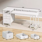 Bureau d'ordinateur blanc de 152 cm avec station de charge, bureau de jeu avec lumières LED, 4 tiroirs, classeur de rangement, table de travail pour bureau à domicile, étude moderne de chambre.