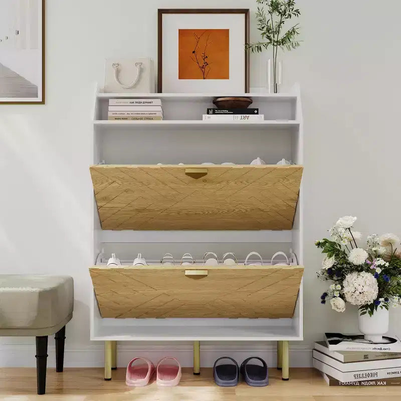 Narrow Shoe Cabinet with 2 Drawers, Slim Freestanding Shoe Storage Cabinet for Entryway, Hidden Shoe Organizer Rack with Top Shelf