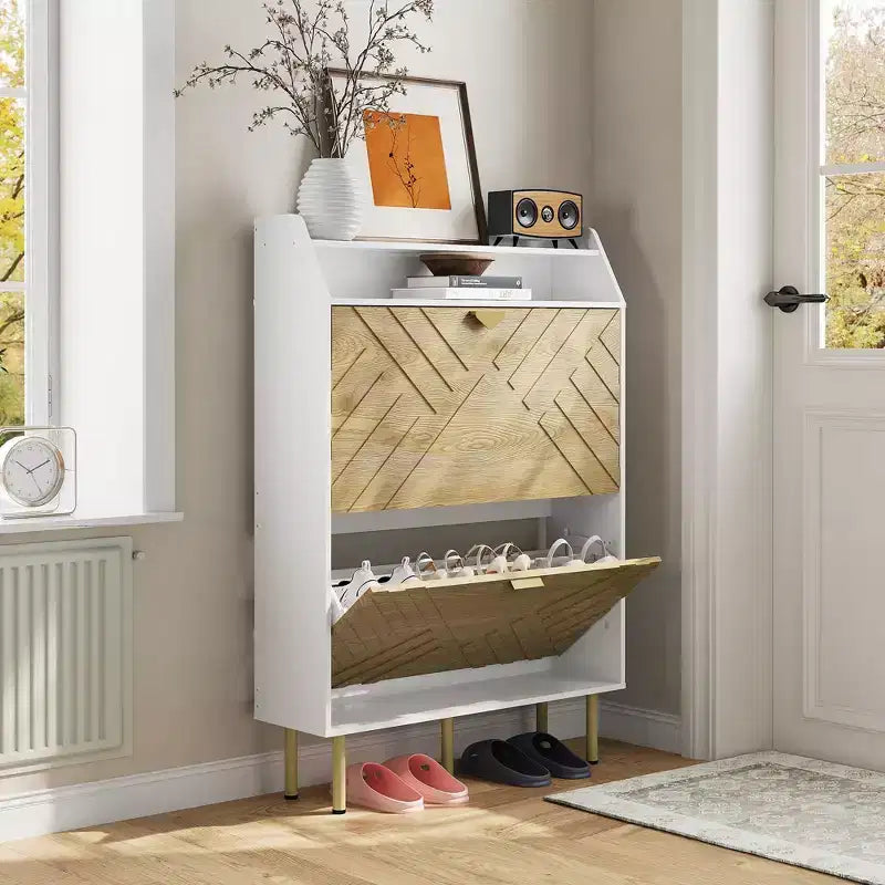 Narrow Shoe Cabinet with 2 Drawers, Slim Freestanding Shoe Storage Cabinet for Entryway, Hidden Shoe Organizer Rack with Top Shelf