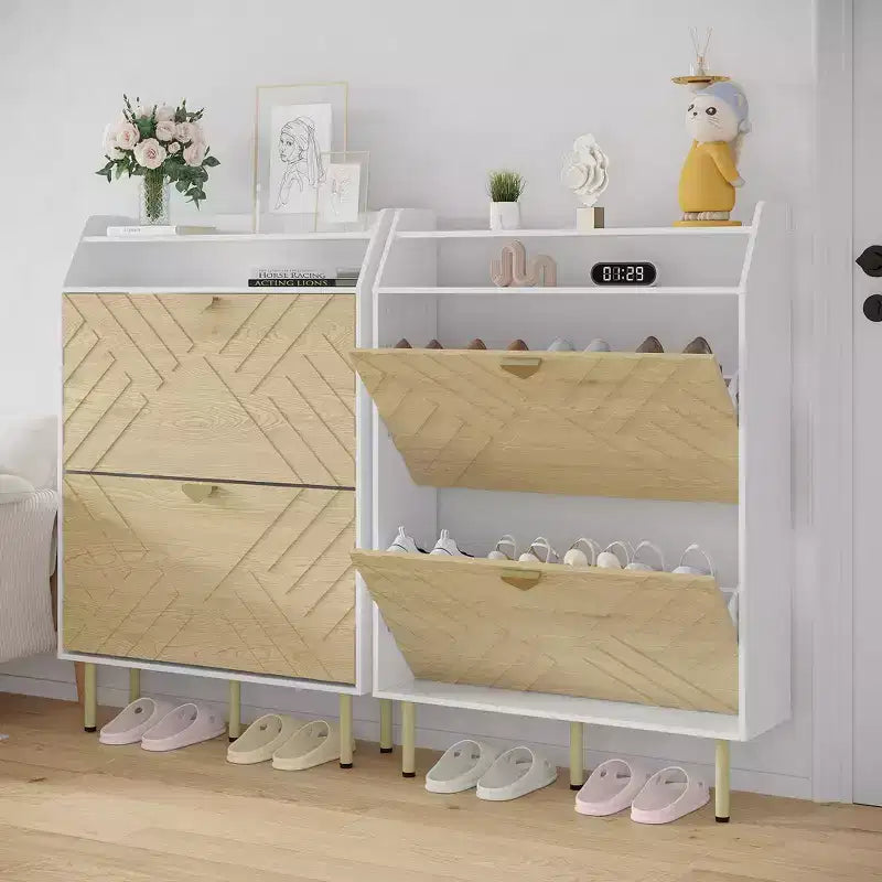 Narrow Shoe Cabinet with 2 Drawers, Slim Freestanding Shoe Storage Cabinet for Entryway, Hidden Shoe Organizer Rack with Top Shelf