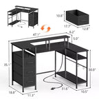 47 Inch Black L Shaped Computer Desk with Charging Station Reversible Gaming Desk LED Lights File Cabinet Monitor Stand Storage Shelves Home Office