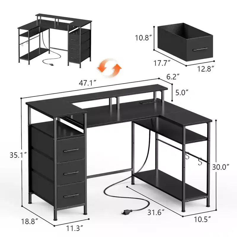 47 Inch Black L Shaped Computer Desk with Charging Station Reversible Gaming Desk LED Lights File Cabinet Monitor Stand Storage Shelves Home Office