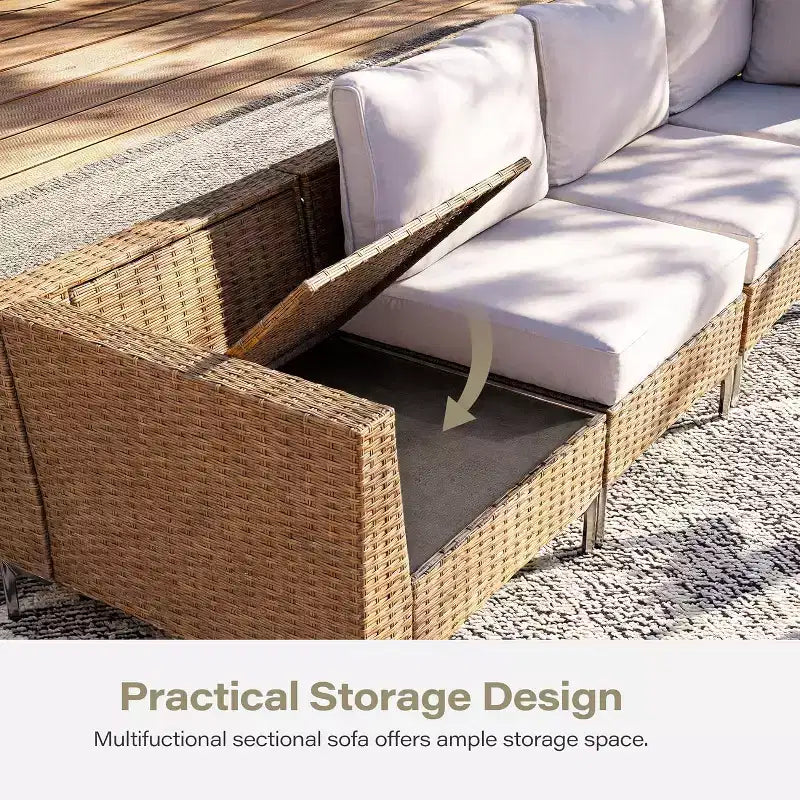 LAUSAINT HOME 7 Pieces Outdoor Patio Furniture Set, Sectional Conversation Sofa with Adjustable Backrests & Storage Ottoman, Beige