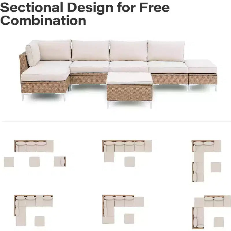 LAUSAINT HOME 7 Pieces Outdoor Patio Furniture Set, Sectional Conversation Sofa with Adjustable Backrests & Storage Ottoman, Beige