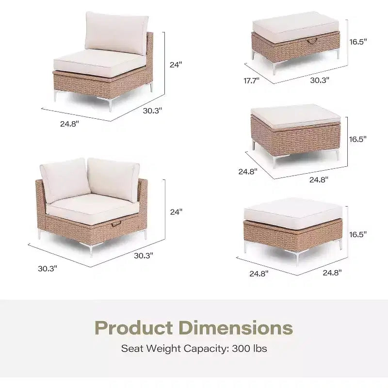 LAUSAINT HOME 7 Pieces Outdoor Patio Furniture Set, Sectional Conversation Sofa with Adjustable Backrests & Storage Ottoman, Beige