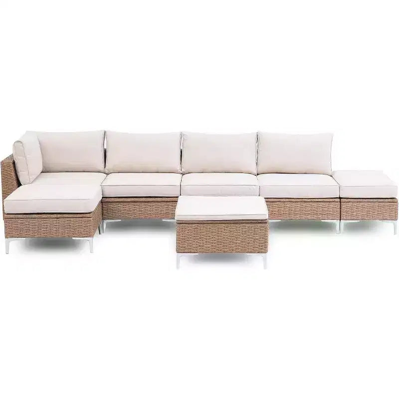 LAUSAINT HOME 7 Pieces Outdoor Patio Furniture Set, Sectional Conversation Sofa with Adjustable Backrests & Storage Ottoman, Beige