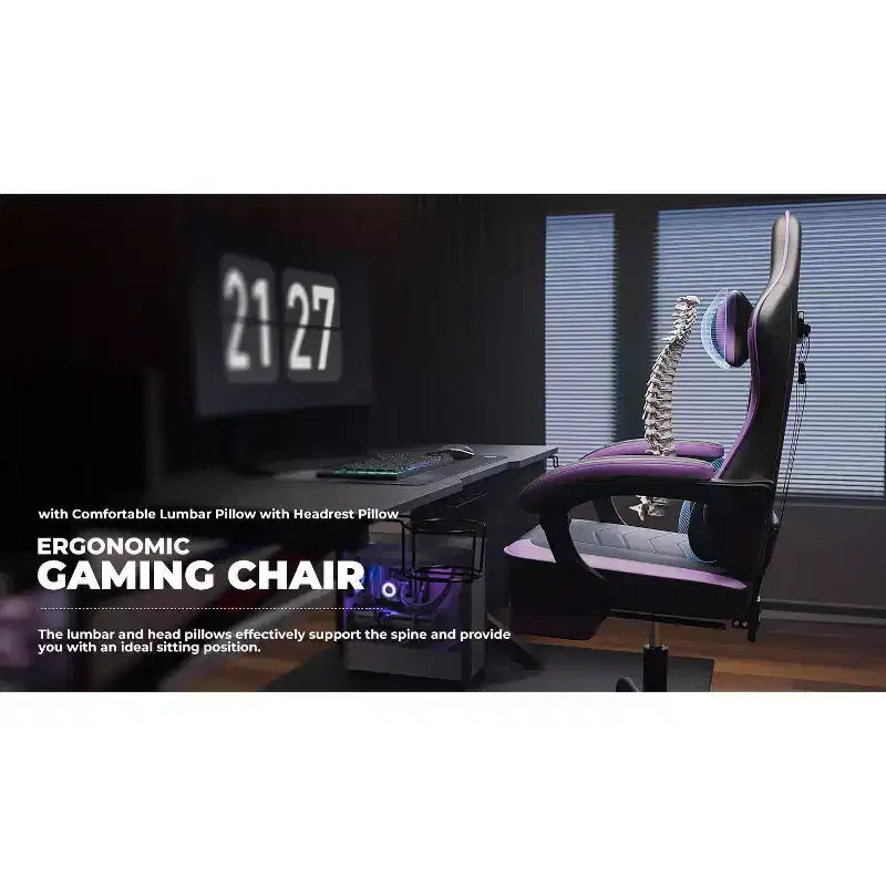 Ora Maison Ergonomic Gaming Chair with Footrest and Massage Lumbar, Height Adjustable Swivel Computer Chair for Adults, 300lb Capacity, Purple