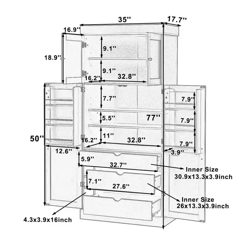 Whisen 77''H Freestanding Kitchen Storage Pantry, Large Dining Storage Cabinet Cupboard Sideboards With Door Shelves, Adjustable Shelves