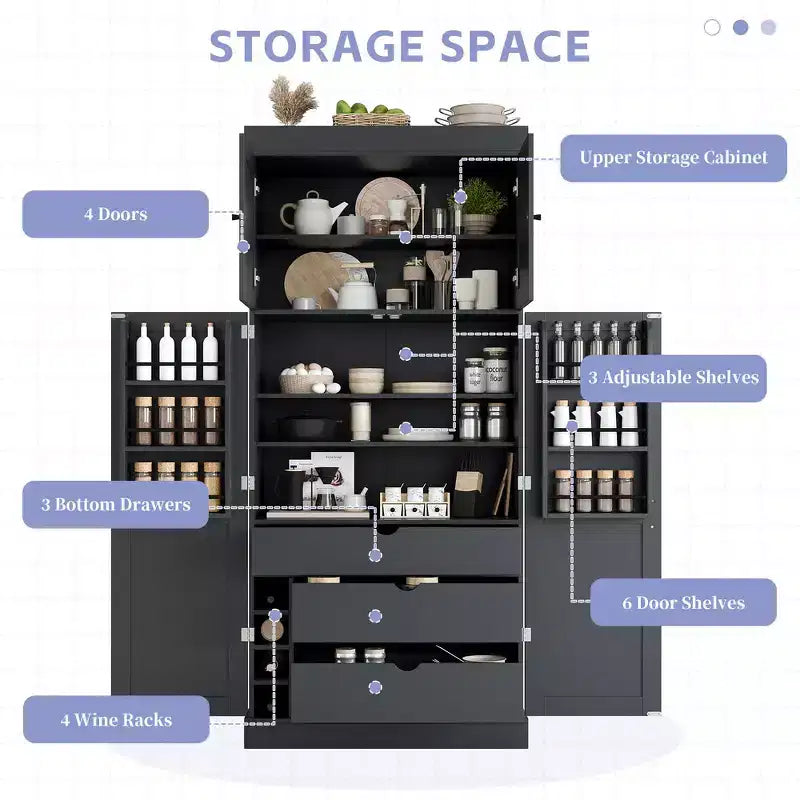 Whisen 77''H Freestanding Kitchen Storage Pantry, Large Dining Storage Cabinet Cupboard Sideboards With Door Shelves, Adjustable Shelves