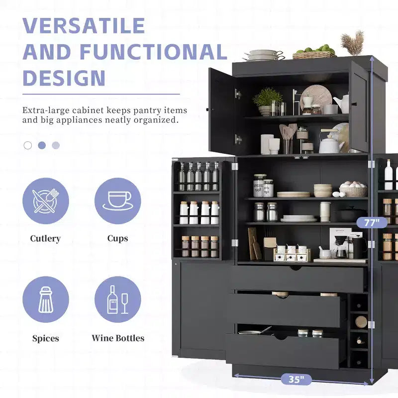 Whisen 77''H Freestanding Kitchen Storage Pantry, Large Dining Storage Cabinet Cupboard Sideboards With Door Shelves, Adjustable Shelves