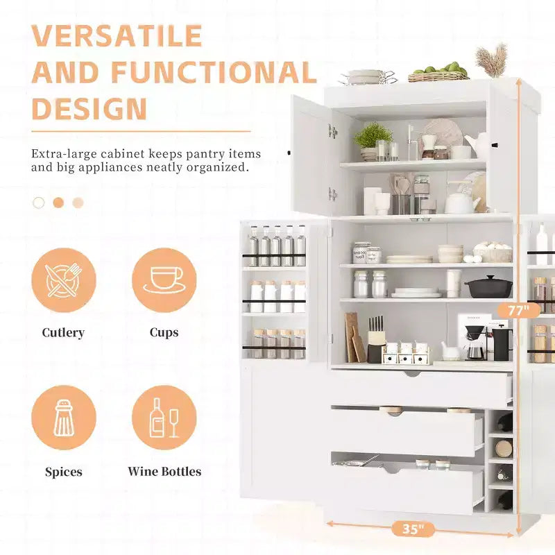 Whisen 77''H Freestanding Kitchen Storage Pantry, Large Dining Storage Cabinet Cupboard Sideboards With Door Shelves, Adjustable Shelves