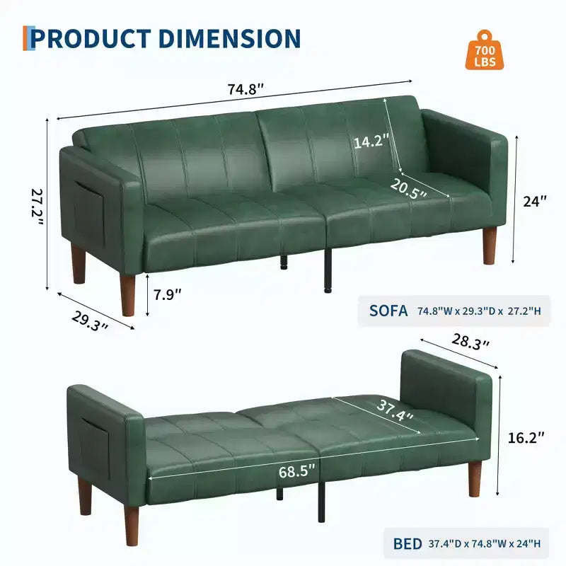 75 canapé convertible moderne en similicuir, causeuse 3 places style Mid-Century pour petits espaces