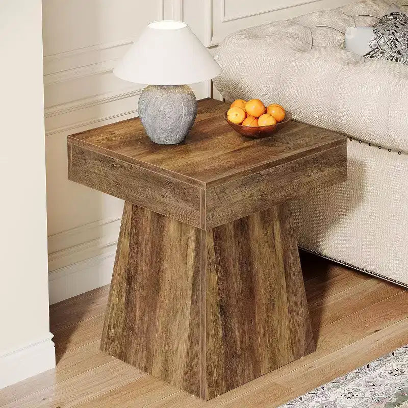 Lantine Small End Table, Rustic Square Side Table with Wide Base, Farmhouse Small Nightstand Beside Bed, Next to Armchair, for Living Room, Brown