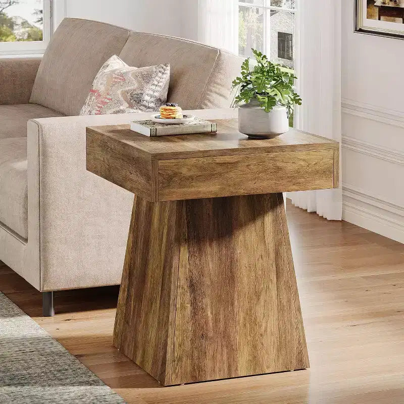 Lantine Small End Table, Rustic Square Side Table with Wide Base, Farmhouse Small Nightstand Beside Bed, Next to Armchair, for Living Room, Brown