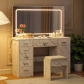 Marble Print Vanity Table with LED Lighted Mirror, Modern Makeup Vanity Desk with Multiple Storage Drawers, Vanity Set with Stool for Bedroom