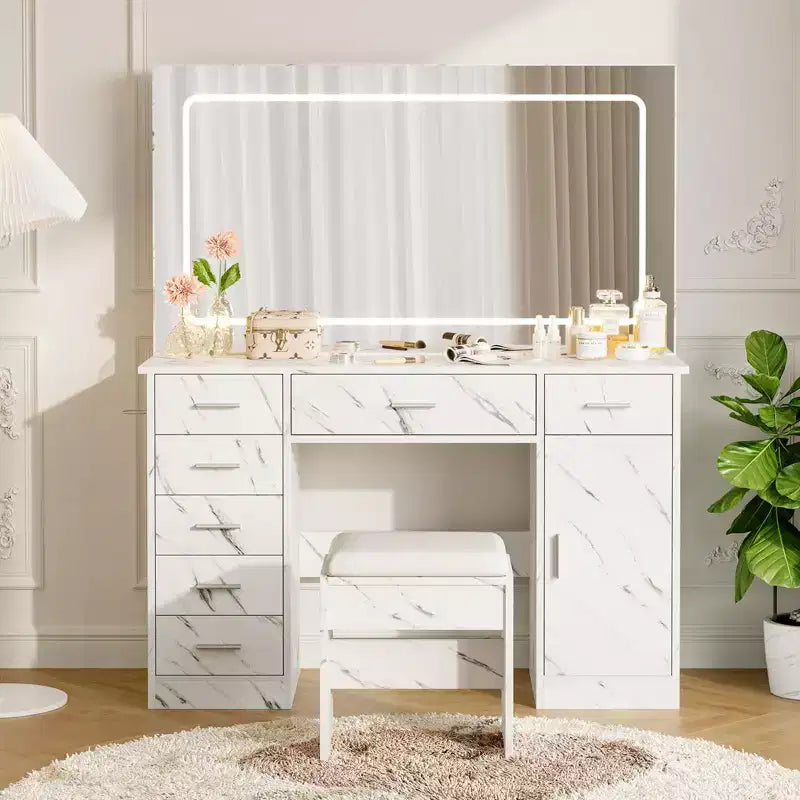 Coiffeuse effet marbre avec miroir lumineux LED, Coiffeuse de maquillage moderne avec tiroirs de rangement multiples, Ensemble de coiffeuse avec tabouret pour chambre à coucher