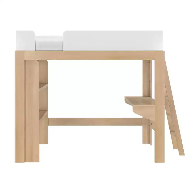 Mid-Century Modern Twin Loft Bed with Desk and Bookshelf