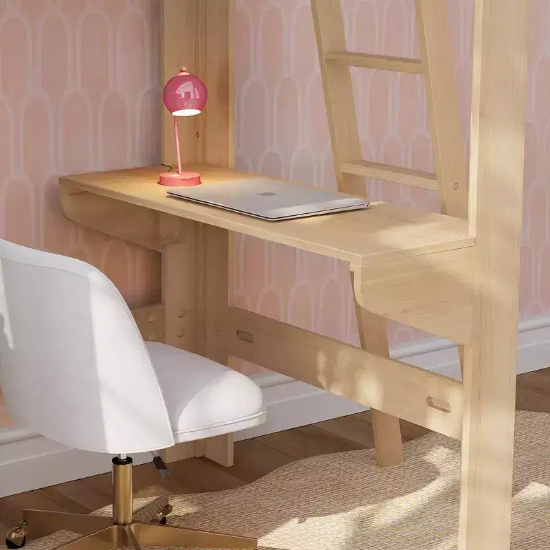 Mid-Century Modern Twin Loft Bed with Desk and Bookshelf