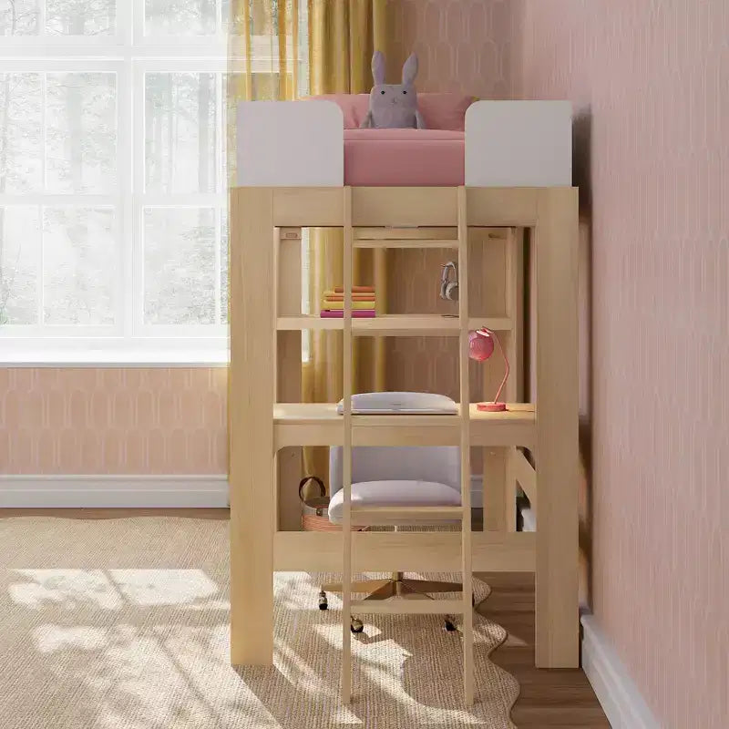 Mid-Century Modern Twin Loft Bed with Desk and Bookshelf