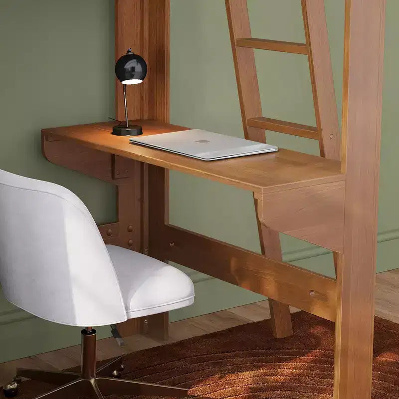 Mid-Century Modern Twin Loft Bed with Desk and Bookshelf