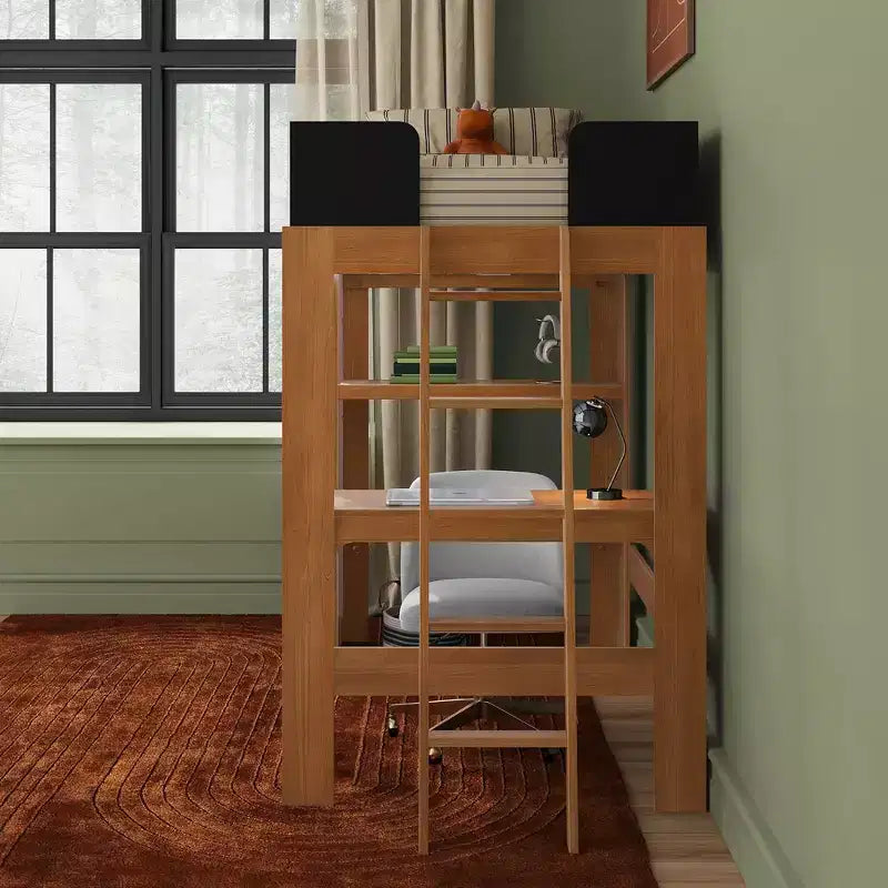 Mid-Century Modern Twin Loft Bed with Desk and Bookshelf