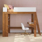 Mid-Century Modern Twin Loft Bed with Desk and Bookshelf