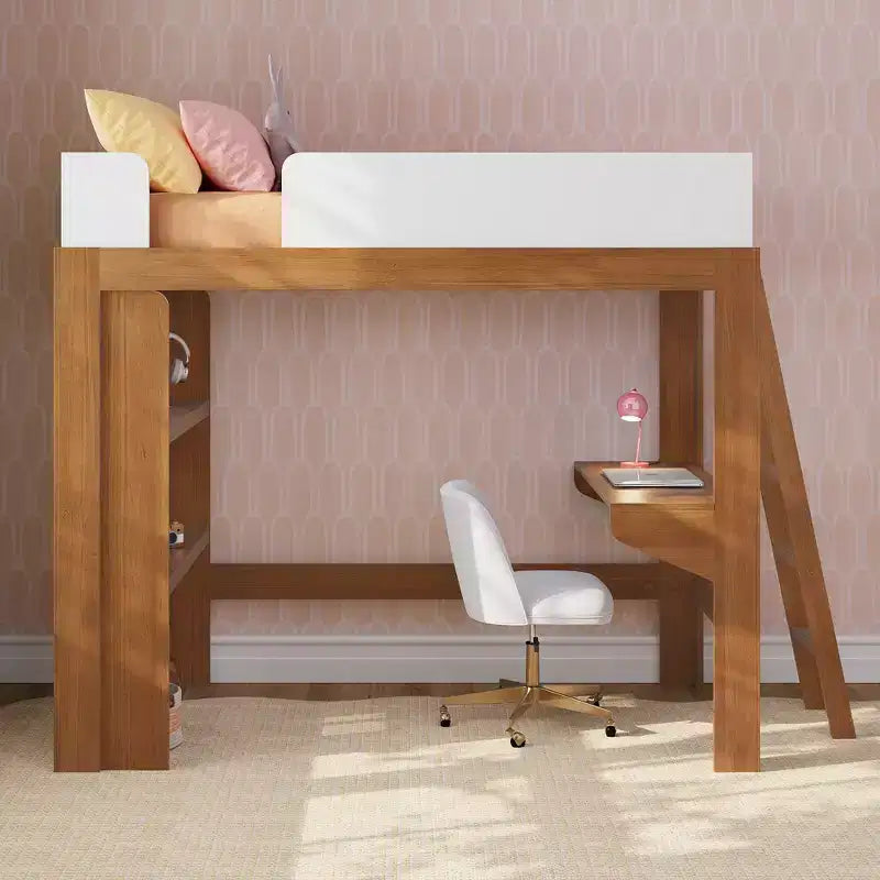 Mid-Century Modern Twin Loft Bed with Desk and Bookshelf