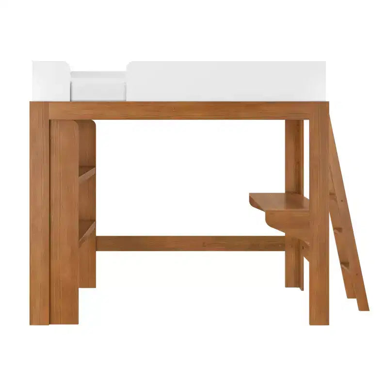 Mid-Century Modern Twin Loft Bed with Desk and Bookshelf