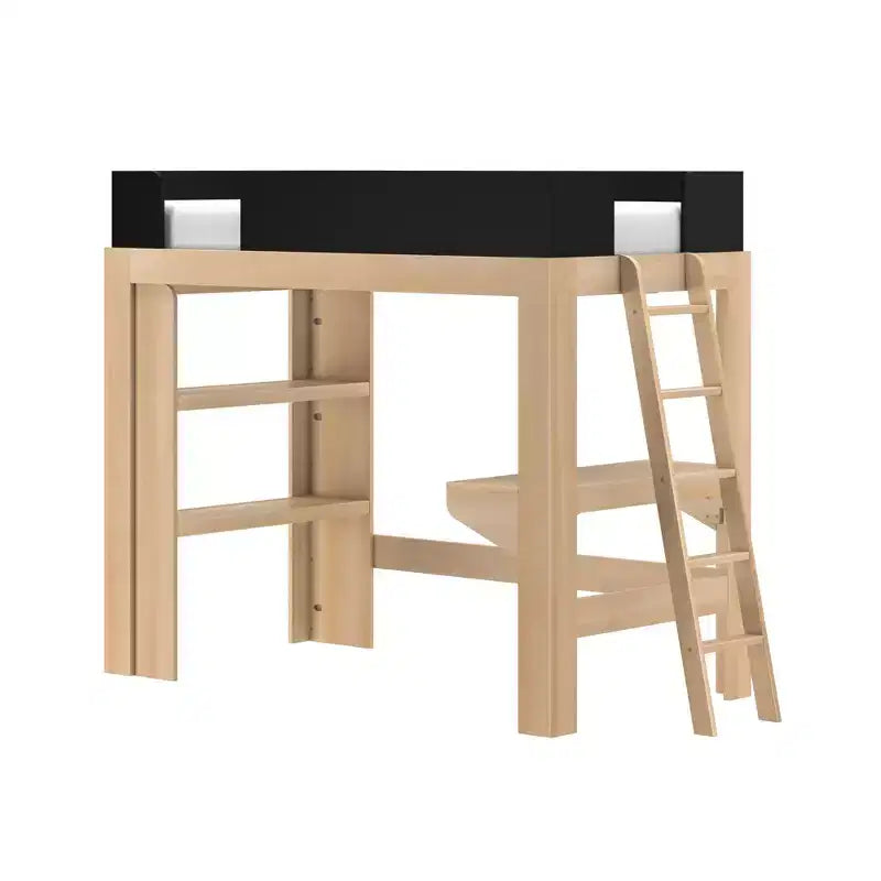 Mid-Century Modern Twin Loft Bed with Desk and Bookshelf