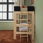 Mid-Century Modern Twin Loft Bed with Desk and Bookshelf