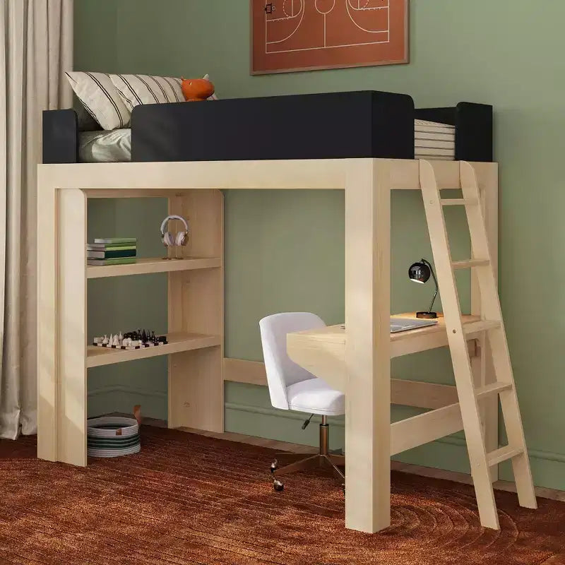 Mid-Century Modern Twin Loft Bed with Desk and Bookshelf