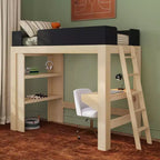 Mid-Century Modern Twin Loft Bed with Desk and Bookshelf