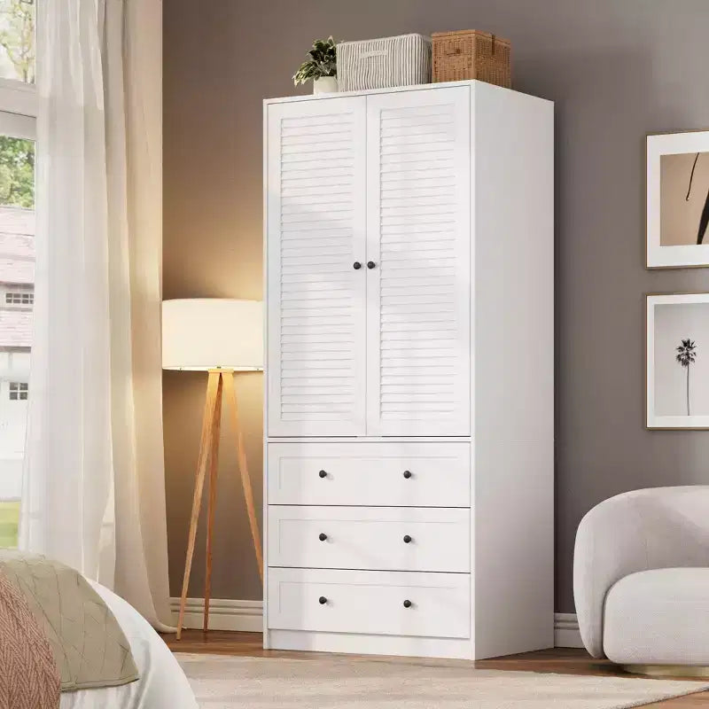 Modern Wooden Armoire Wardrobe Closet with 2 Doors and 3 Drawers, Tall Bedroom Cabinet with Hanging Rod, Freestanding Clothes Storage Unit