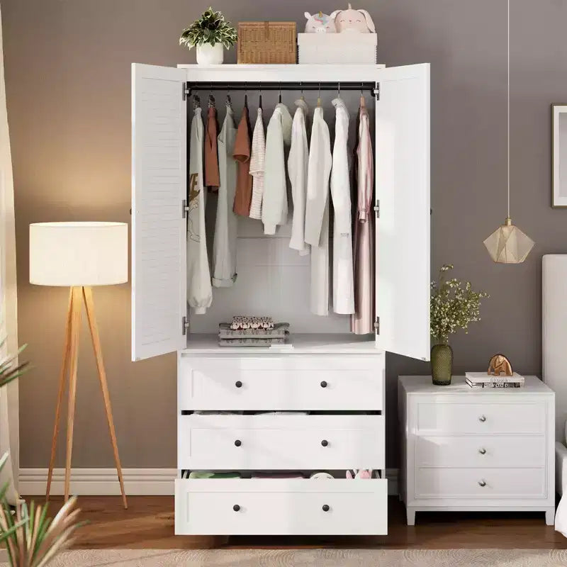 Modern Wooden Armoire Wardrobe Closet with 2 Doors and 3 Drawers, Tall Bedroom Cabinet with Hanging Rod, Freestanding Clothes Storage Unit