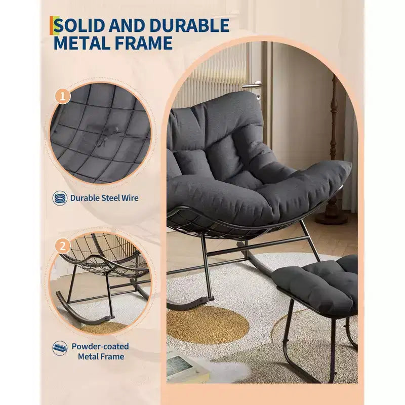 Ensemble de fauteuils à bascule surdimensionnés avec pouf, en osier tressé à la main, coussin moelleux, fauteuil de jardin ergonomique, pour patio, balcon, chambre à coucher, salon