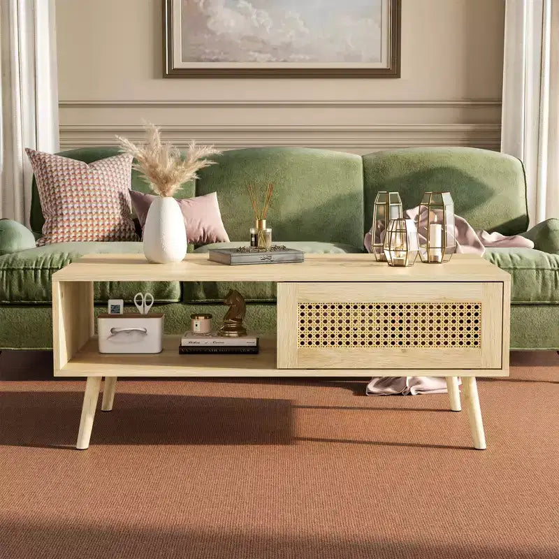 Table basse en bois avec rangement, table basse de canapé bohème avec porte coulissante et étagère ouverte pour salon, chambre à coucher, montage facile