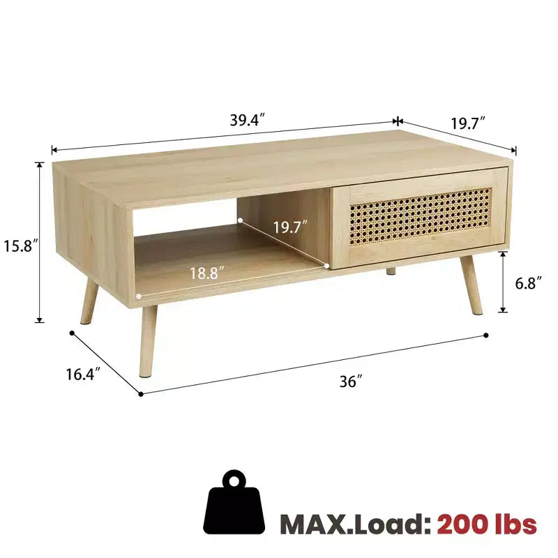Table basse en bois avec rangement, table basse de canapé bohème avec porte coulissante et étagère ouverte pour salon, chambre à coucher, montage facile