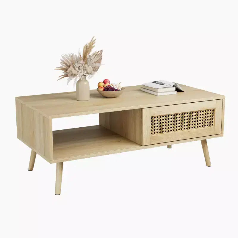 Table basse en bois avec rangement, table basse de canapé bohème avec porte coulissante et étagère ouverte pour salon, chambre à coucher, montage facile