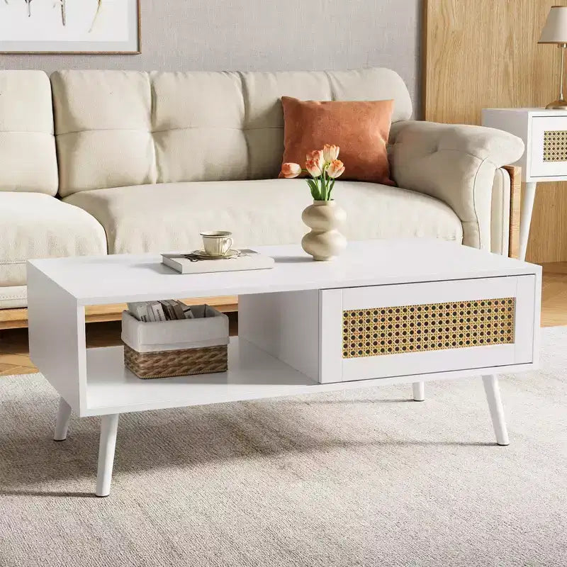 Table basse en bois avec rangement, table basse de canapé bohème avec porte coulissante et étagère ouverte pour salon, chambre à coucher, montage facile
