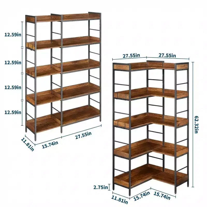 Étagère industrielle à 5 niveaux avec cadre en métal, étagères ouvertes, 4 crochets, design d'angle réversible, bibliothèque en bois pour salon, chambre à coucher