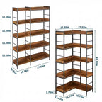 Étagère industrielle à 5 niveaux avec cadre en métal, étagères ouvertes, 4 crochets, design d'angle réversible, bibliothèque en bois pour salon, chambre à coucher