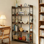 Étagère industrielle à 5 niveaux avec cadre en métal, étagères ouvertes, 4 crochets, design d'angle réversible, bibliothèque en bois pour salon, chambre à coucher