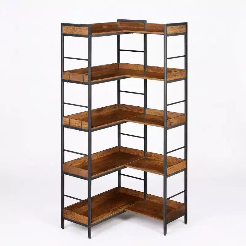 Étagère industrielle à 5 niveaux avec cadre en métal, étagères ouvertes, 4 crochets, design d'angle réversible, bibliothèque en bois pour salon, chambre à coucher