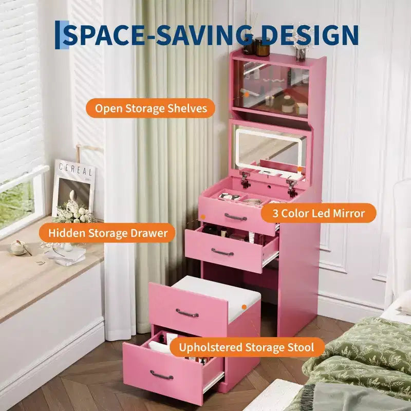 Coiffeuse compacte 3 en 1 en noyer avec miroir LED, tabouret de rangement dissimulé, portes et tiroirs en acrylique, coiffeuse étroite pour petits espaces