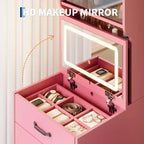 Coiffeuse compacte 3 en 1 en noyer avec miroir LED, tabouret de rangement dissimulé, portes et tiroirs en acrylique, coiffeuse étroite pour petits espaces