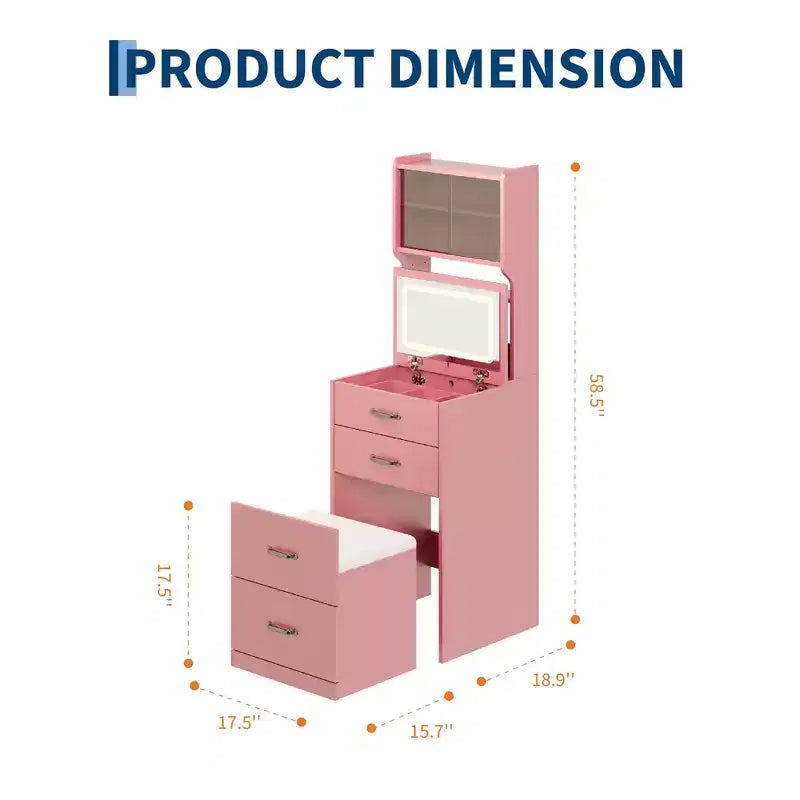 Coiffeuse compacte 3 en 1 en noyer avec miroir LED, tabouret de rangement dissimulé, portes et tiroirs en acrylique, coiffeuse étroite pour petits espaces