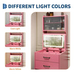 Coiffeuse compacte 3 en 1 en noyer avec miroir LED, tabouret de rangement dissimulé, portes et tiroirs en acrylique, coiffeuse étroite pour petits espaces