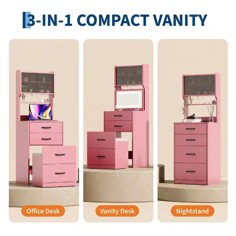Coiffeuse compacte 3 en 1 en noyer avec miroir LED, tabouret de rangement dissimulé, portes et tiroirs en acrylique, coiffeuse étroite pour petits espaces