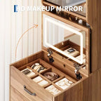 Coiffeuse compacte 3 en 1 en noyer avec miroir LED, tabouret de rangement dissimulé, portes et tiroirs en acrylique, coiffeuse étroite pour petits espaces
